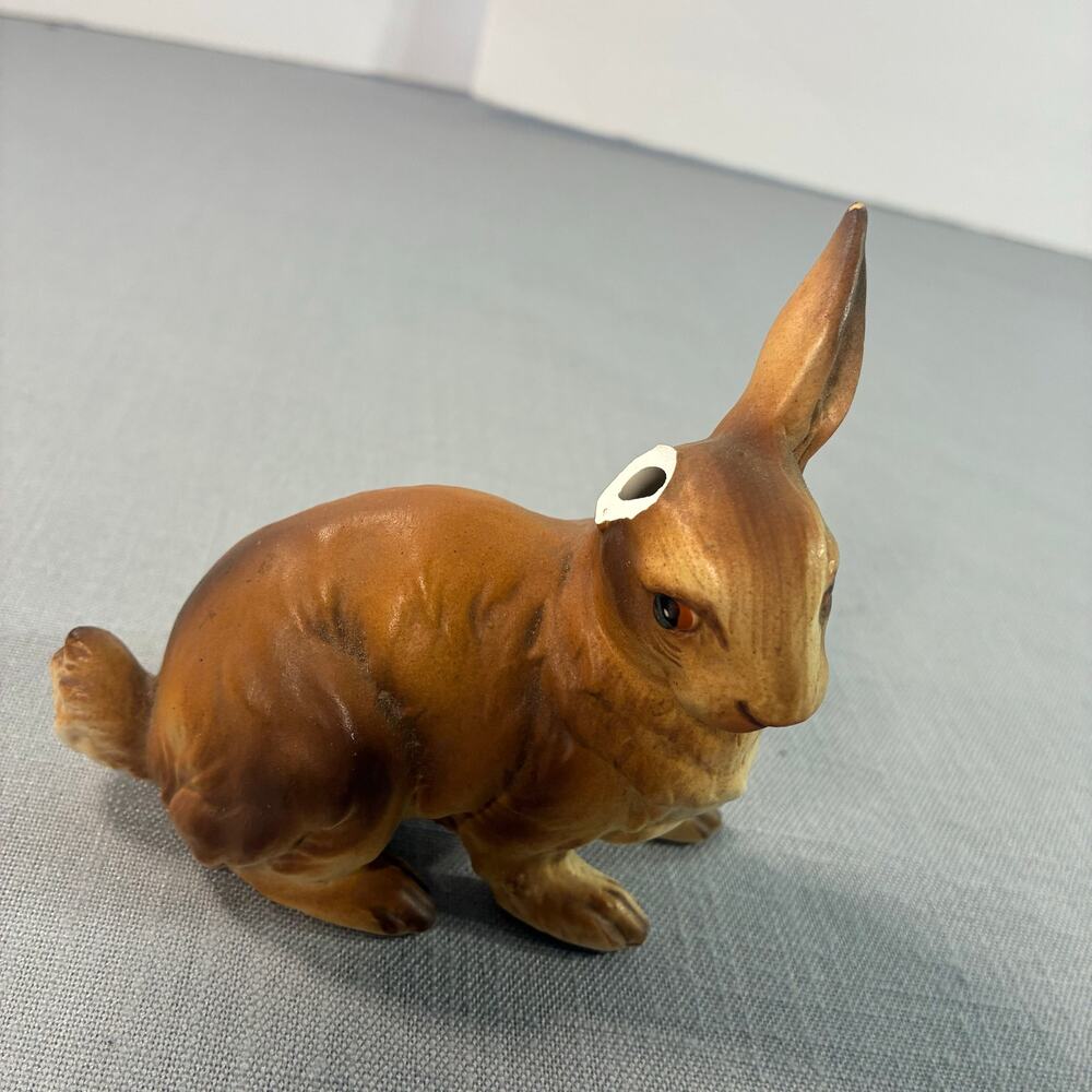Vintage Brown Ceramic Bunny Rabbit Figurine 4 Inch Easter Decor Needs Ear Repair